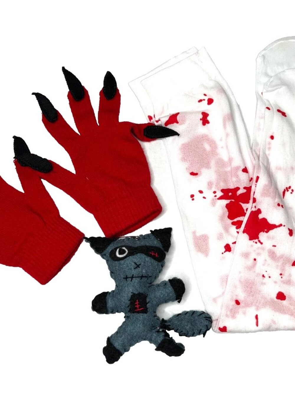 BUNDLE DEAL! 3 Zombie Claw Gloves Red Black Bloody Over Knee Socks Ninja Plush
